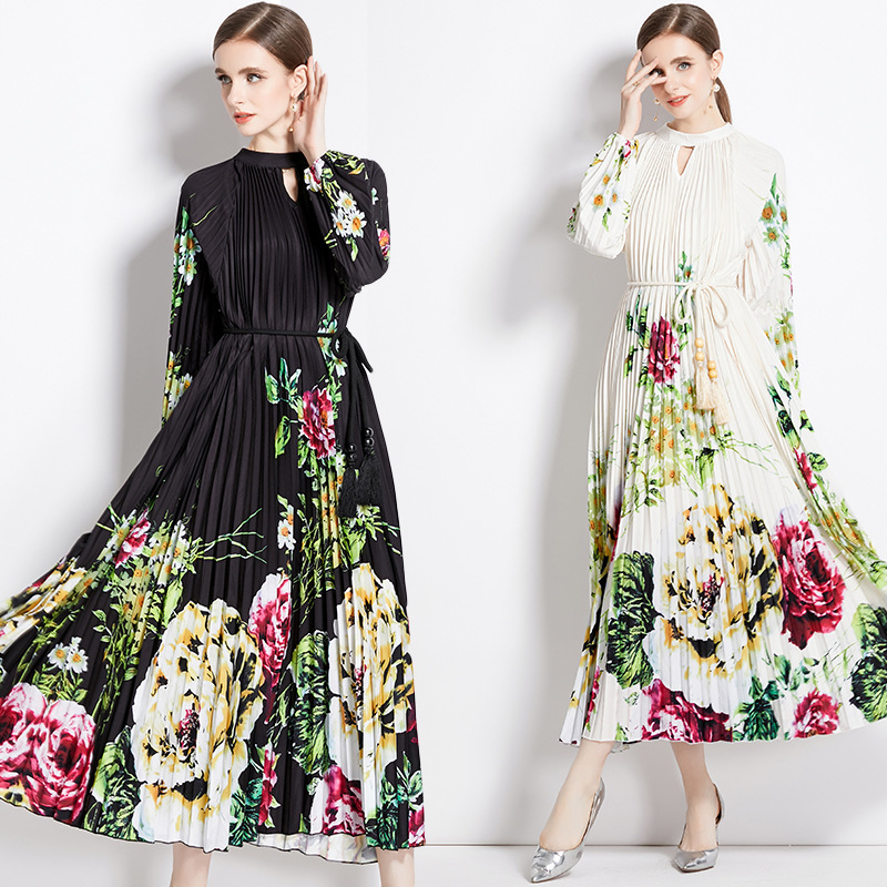 Elegant Printed Lantern Sleeve Pleated Dress with Tassel Belt | Chic Maxi Dress