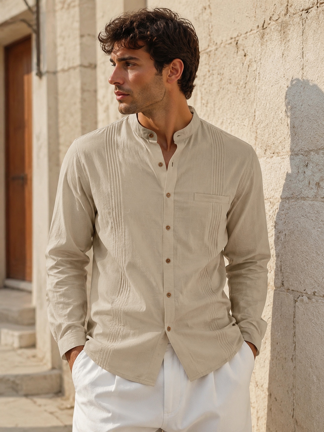 Women's Elegant Pleated Stand Collar Shirt - Classic Long Sleeve Cotton Blouse