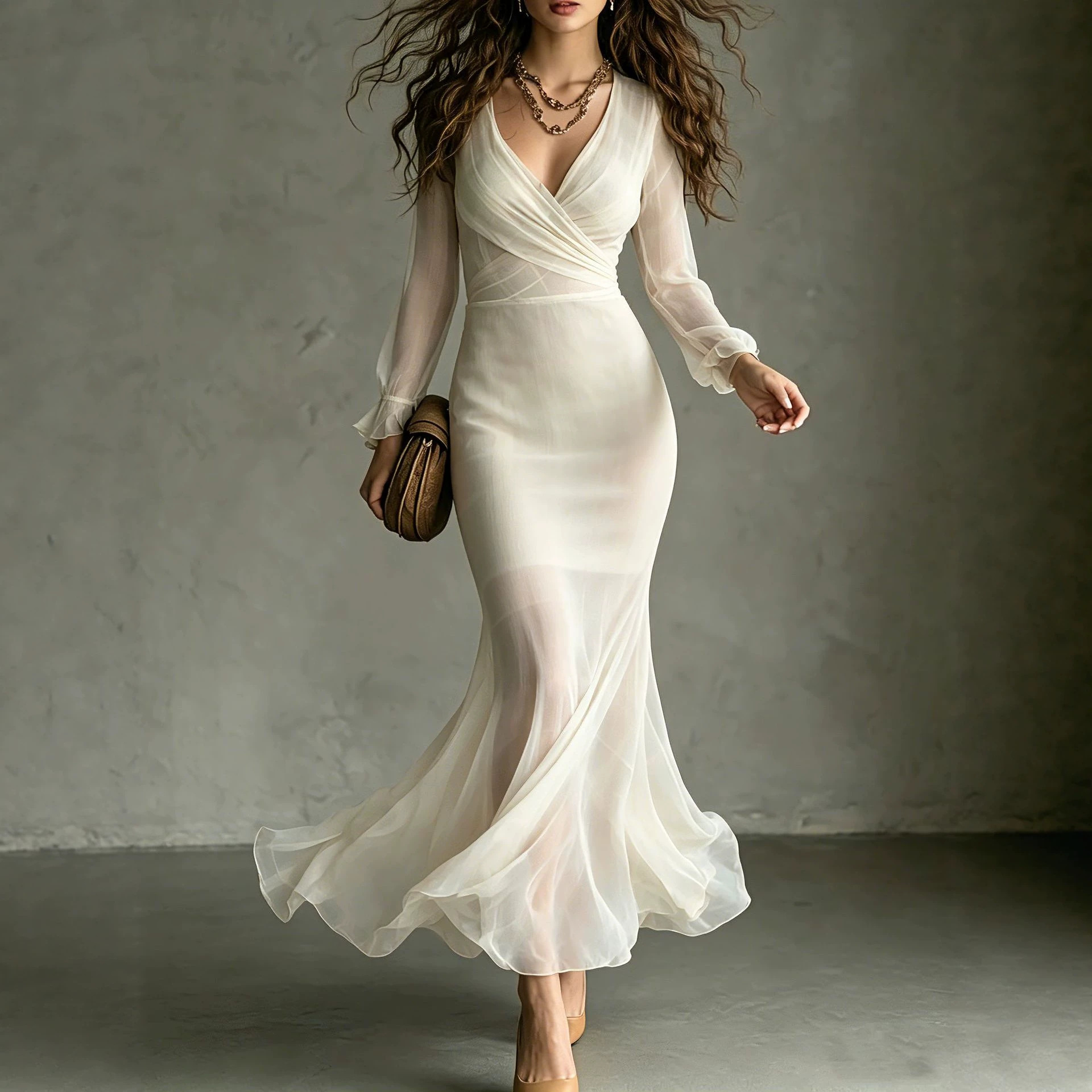Elegant Cross-Wrap Chiffon Maxi Dress - Waist-Cinching Fishtail Evening Gown