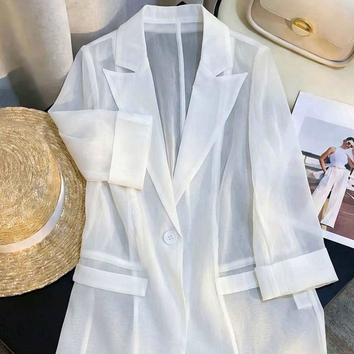 Elegant White Sheer Suit Jacket - Lightweight Slim-Fit Blazer