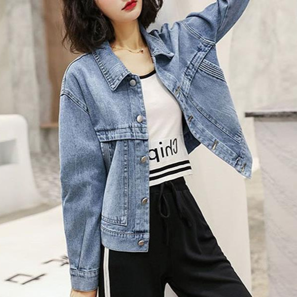 Women's Korean-Style Loose Denim Jacket – Chic Casual Long-Sleeve Cropped Coat in Denim Blue