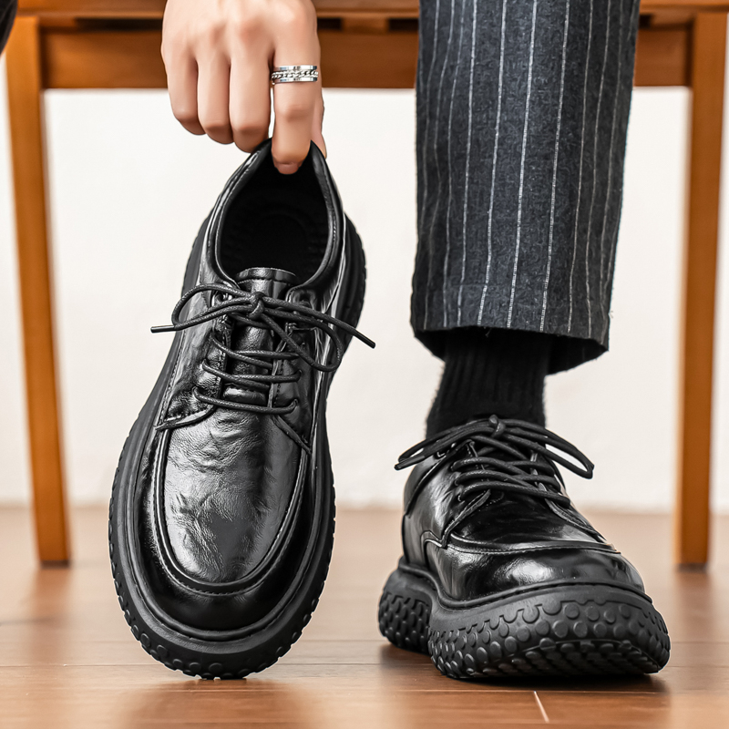 Men's British Style Black Leather Loafers - Fashionable Thick Sole, Low-Top Lace-Up Casual Shoes