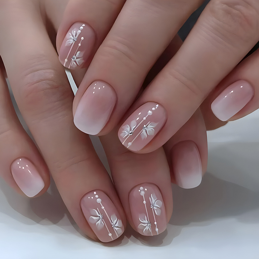 24pcs Color-Changing Press-On Nails - Short Square Acrylic False Nails with 3D Rhinestones, Jelly Glue & Nail File Kit