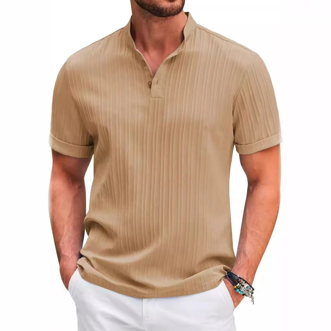 Men's Casual Relaxed-Fit Short-Sleeve Jacquard Pullover Shirt