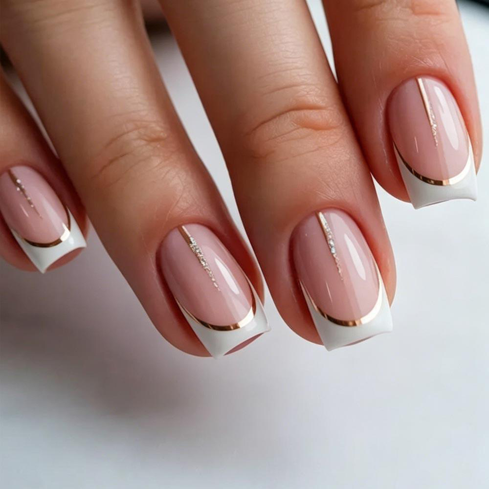 24pcs Elegant French Tip Press-On Nails - Short Square Acrylic Fake Nails with Gold Line Accents (Includes Glue & File Kit)