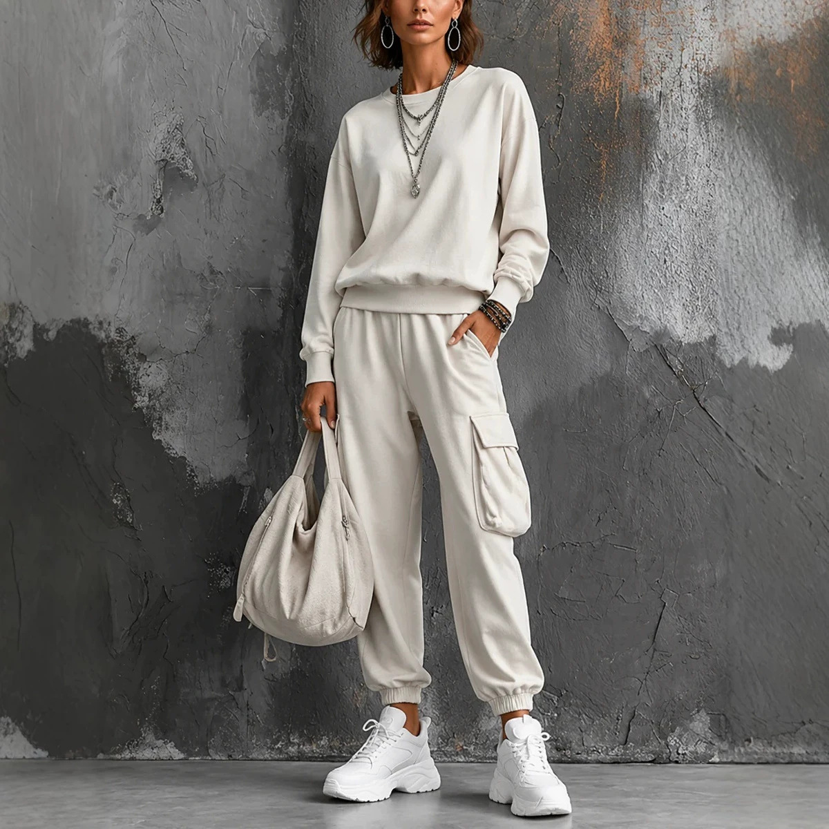Women's Chic 2-Piece Lounge Set - Round-Neck Long-Sleeve Top & Pants Co-ord