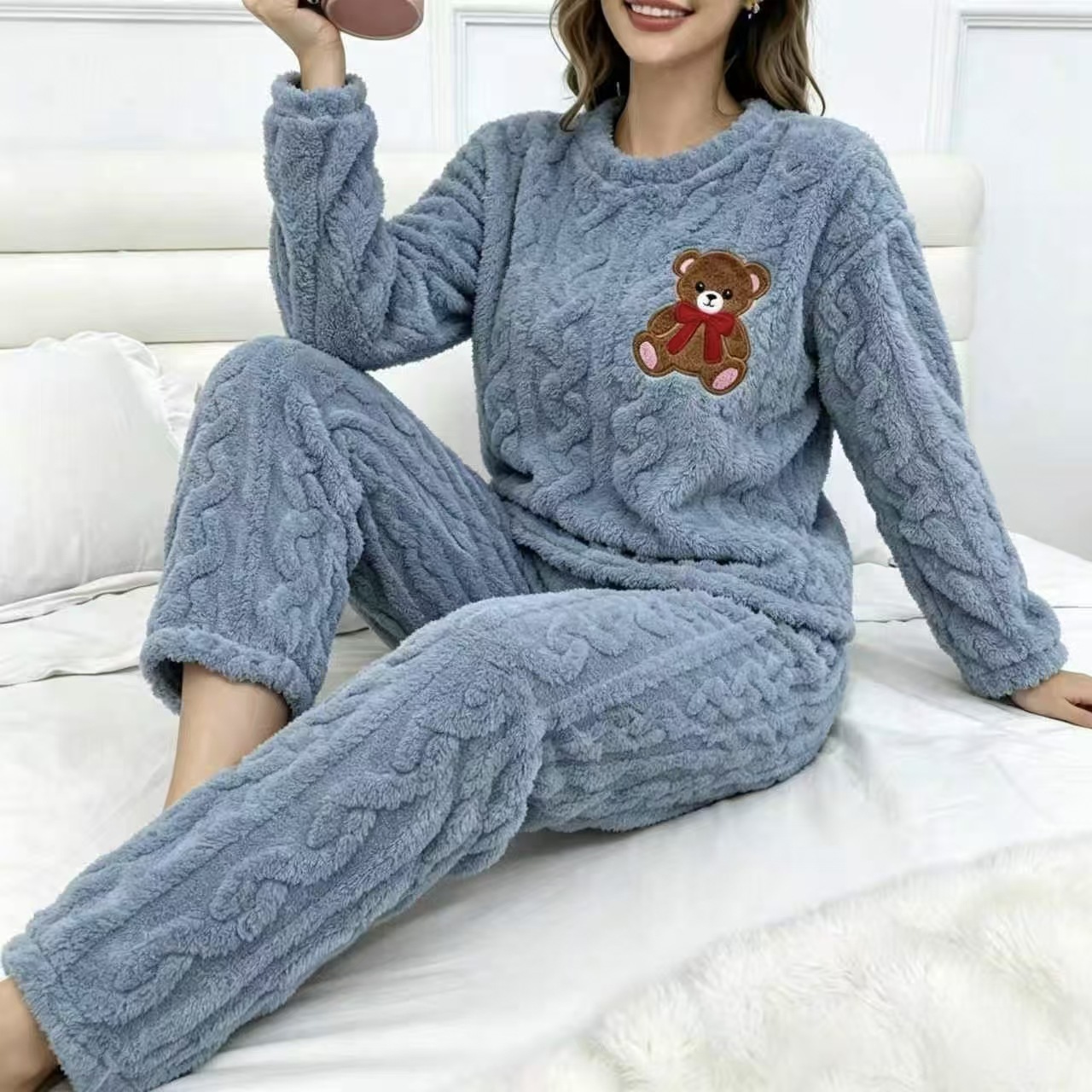 Casual Embroidered Little Bear Flannel Long-Sleeve Loungewear Set