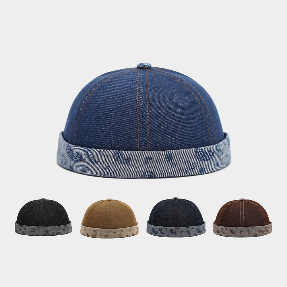 Retro Paisley Brimless Docker Hat - Unisex Vintage Rolled-Edge Landlord Cap
