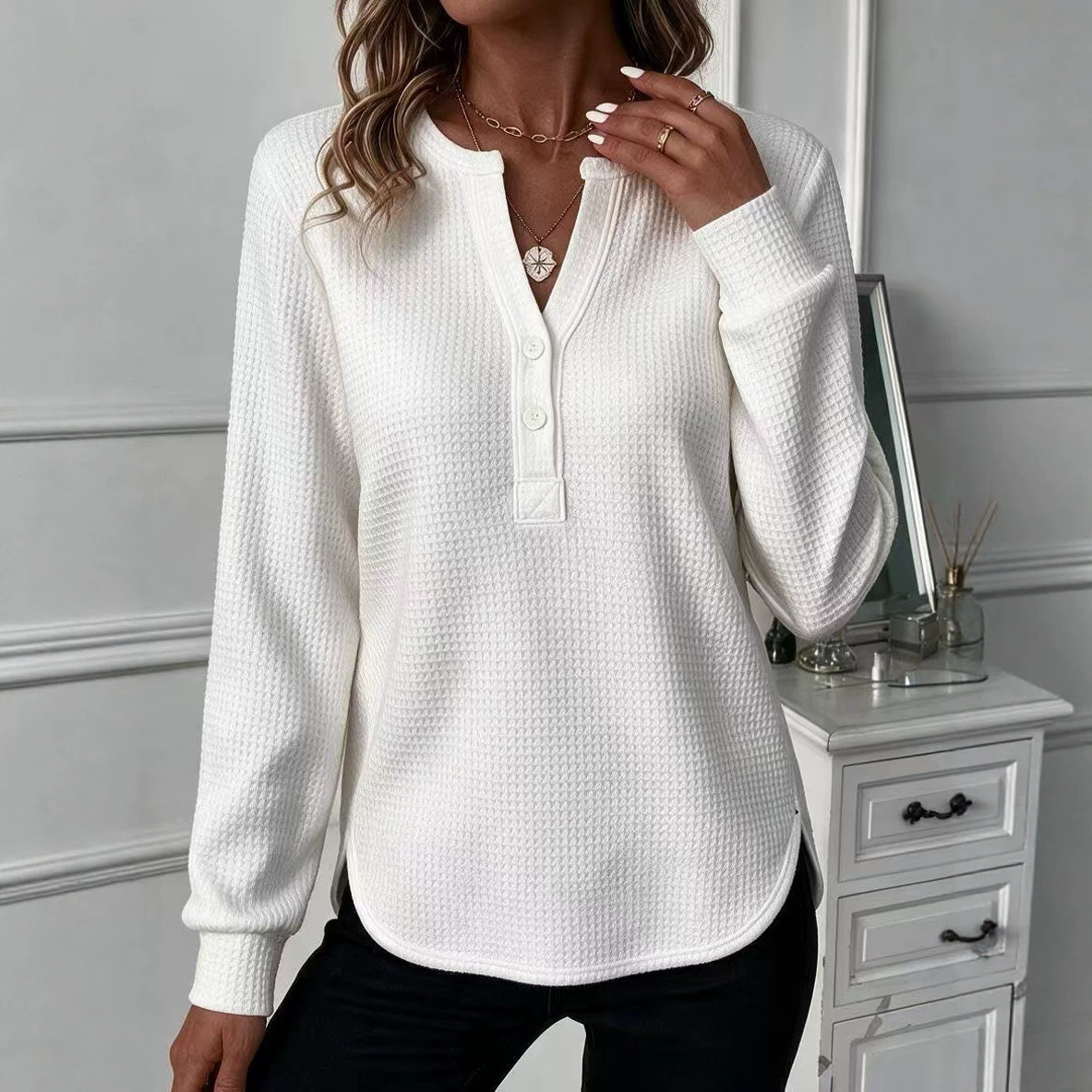 Women's Elegant V-Neck Buttoned Long Sleeve Blouse - Chic Double-Curved Hem Top
