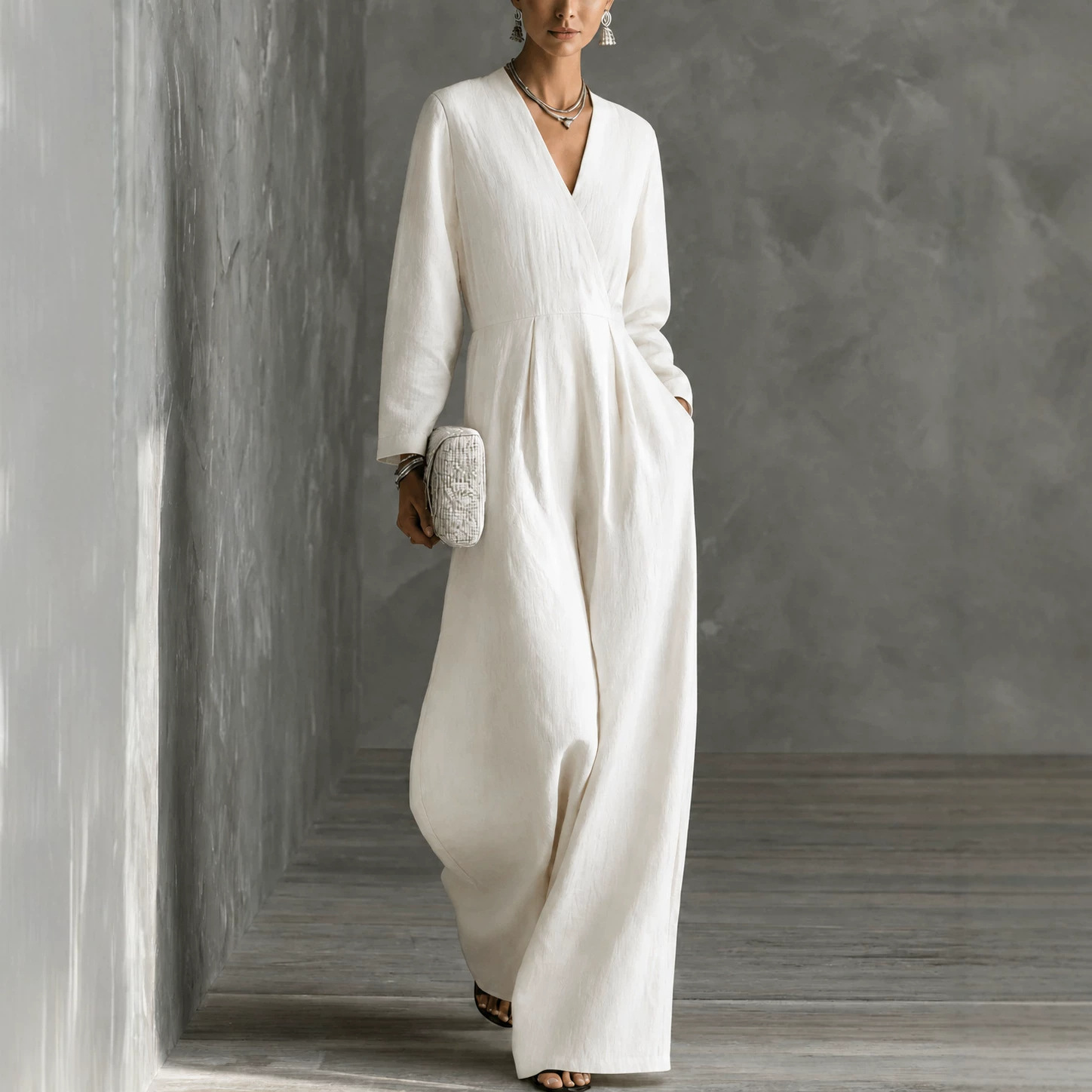 Elegant Women's V-Neck Long-Sleeve Wide-Leg Jumpsuit - Relaxed Fit One-Piece