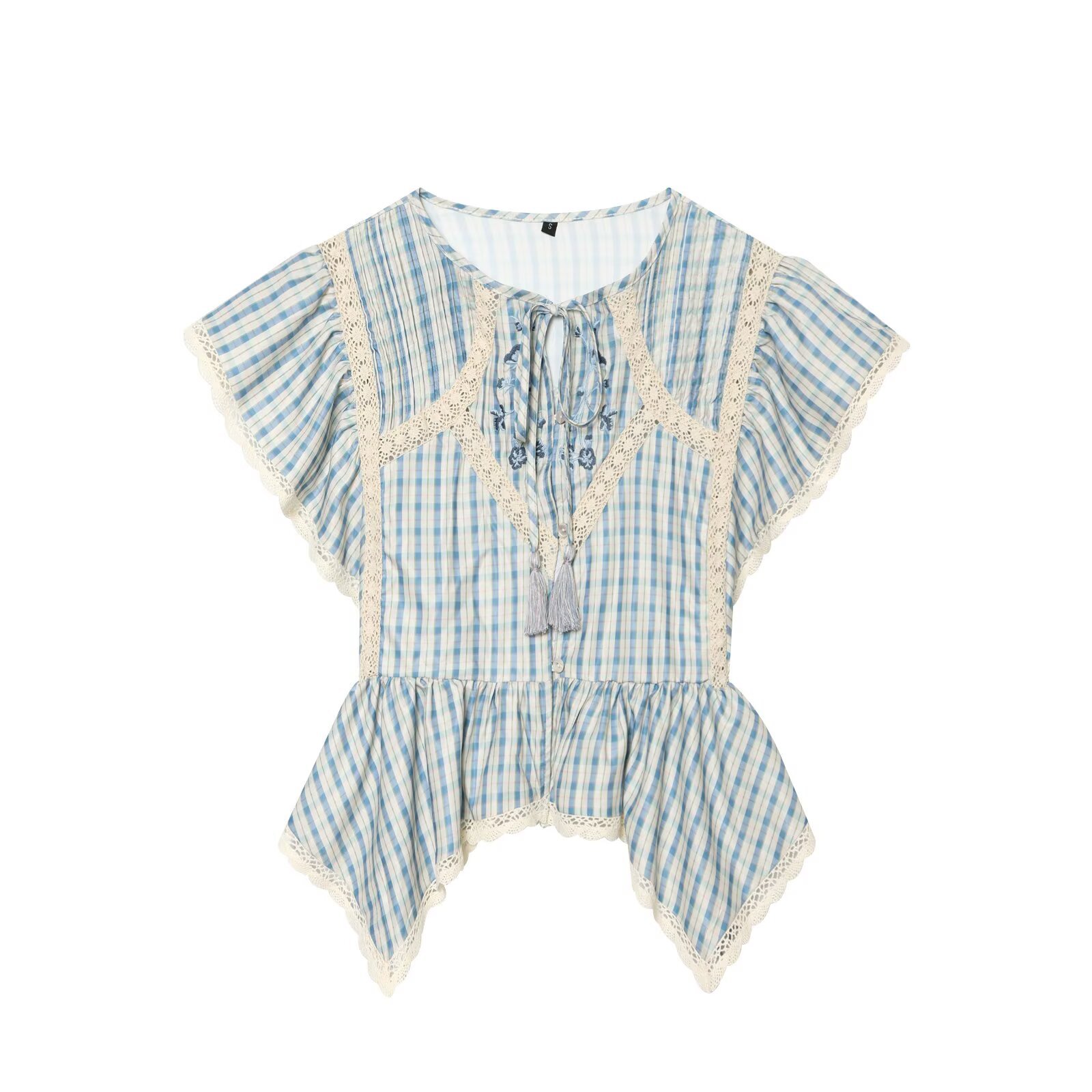 Women's Summer Plaid Embroidered Ruffle Trim Top - Elegant Round Neck Hollow-Out Blouse