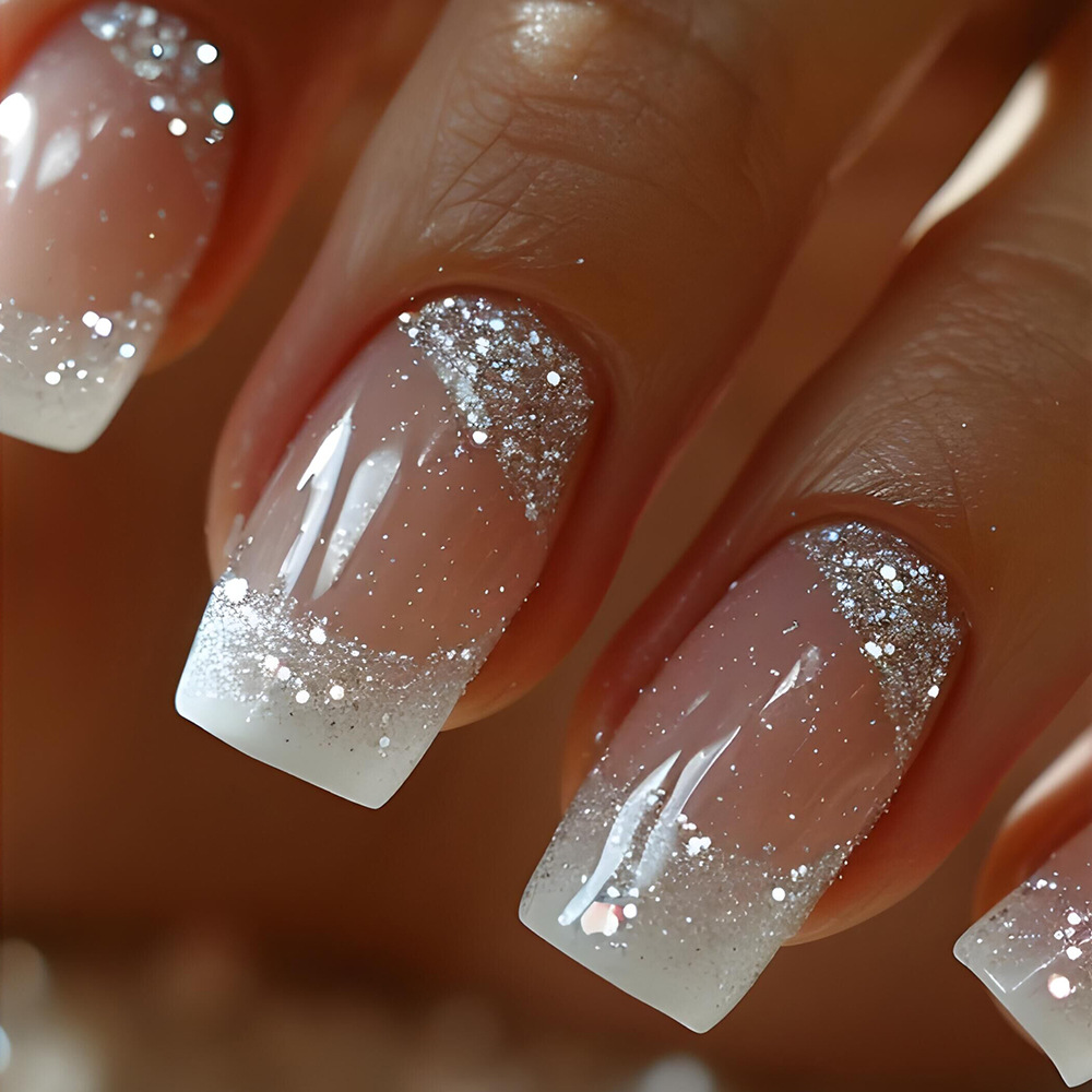 24Pcs Short Square French Tip Press-On Nails with Glitter Accents & Kit