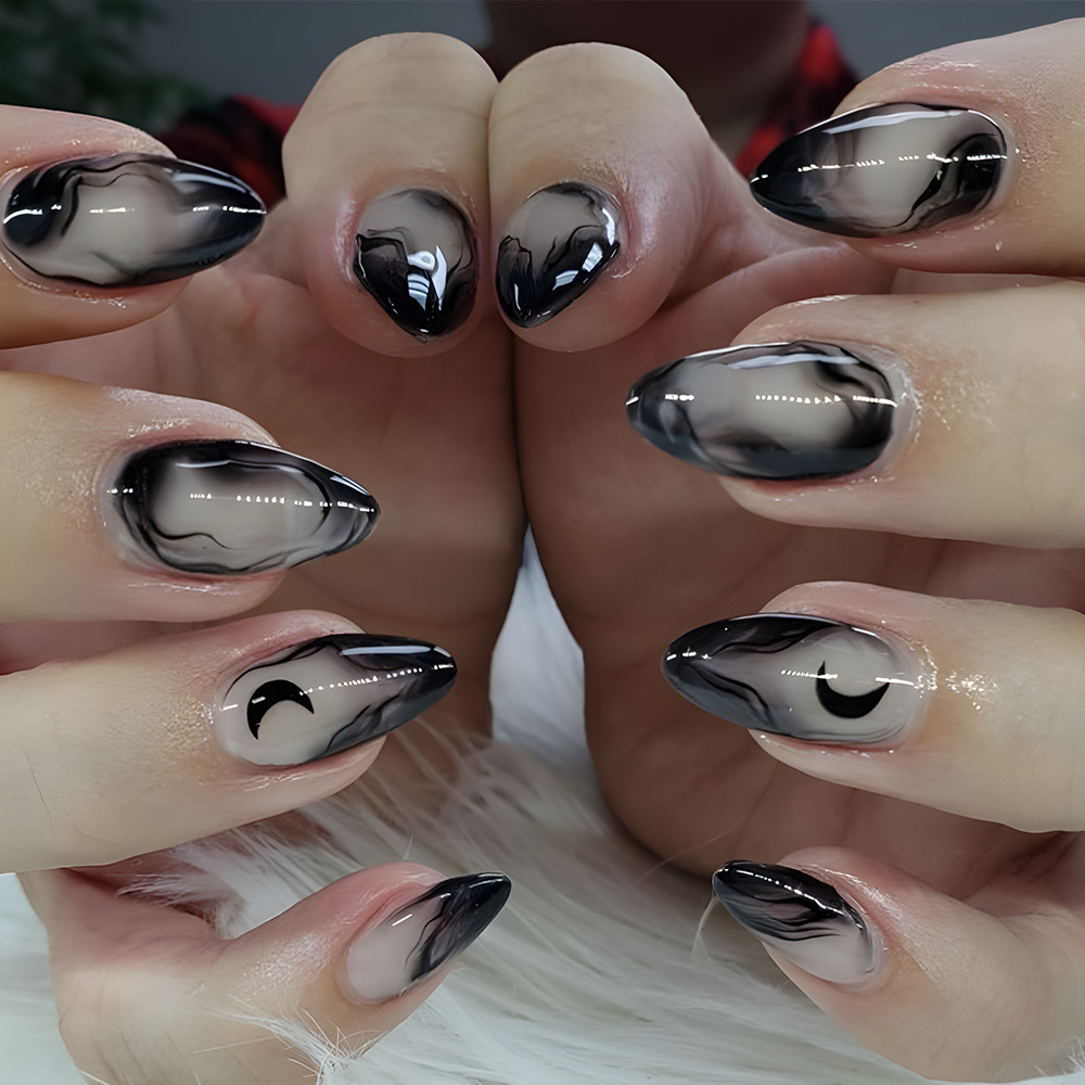 24 Pcs Short Almond Black Gradient Press-On Nails Kit with Jelly Glue & Nail File