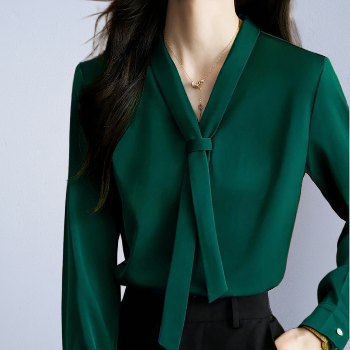 Elegant Satin Bow-Tie Blouse - Chic Long Sleeve Commuter Top