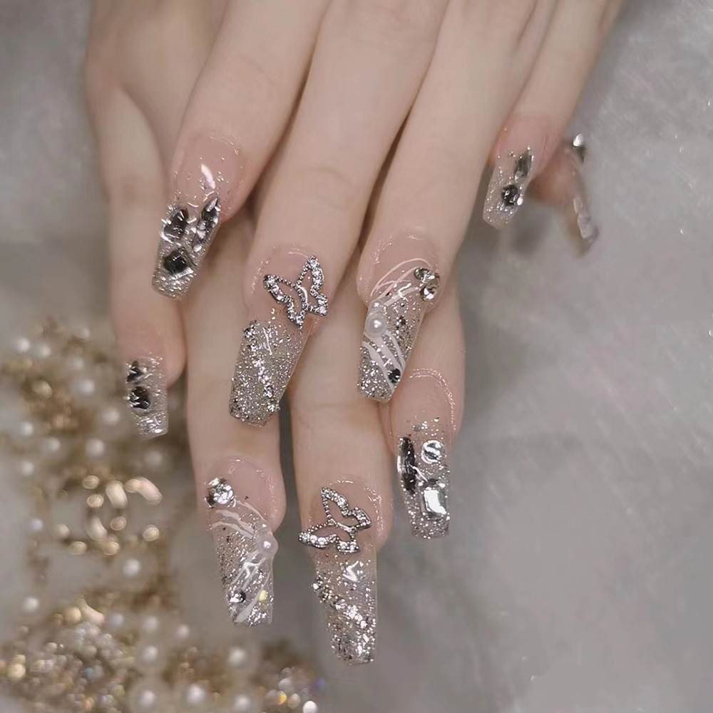 24 Pcs Long Coffin Press-On Nails with 3D Butterfly & Rhinestones - Glitter French Tip Fake Nail Kit