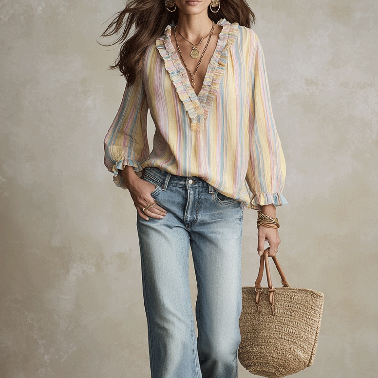 Striped Print V-Neck Ruffled Loose-Fit Blouse Top