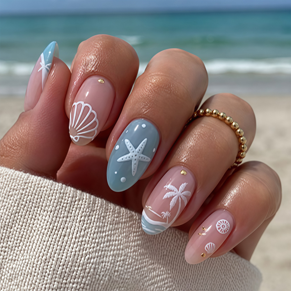 24pcs 3D Sea Star & Scallop Press-On Nails - Short Oval French Manicure with Rhinestones - Complete Fake Nail Kit with Jelly Glue & File