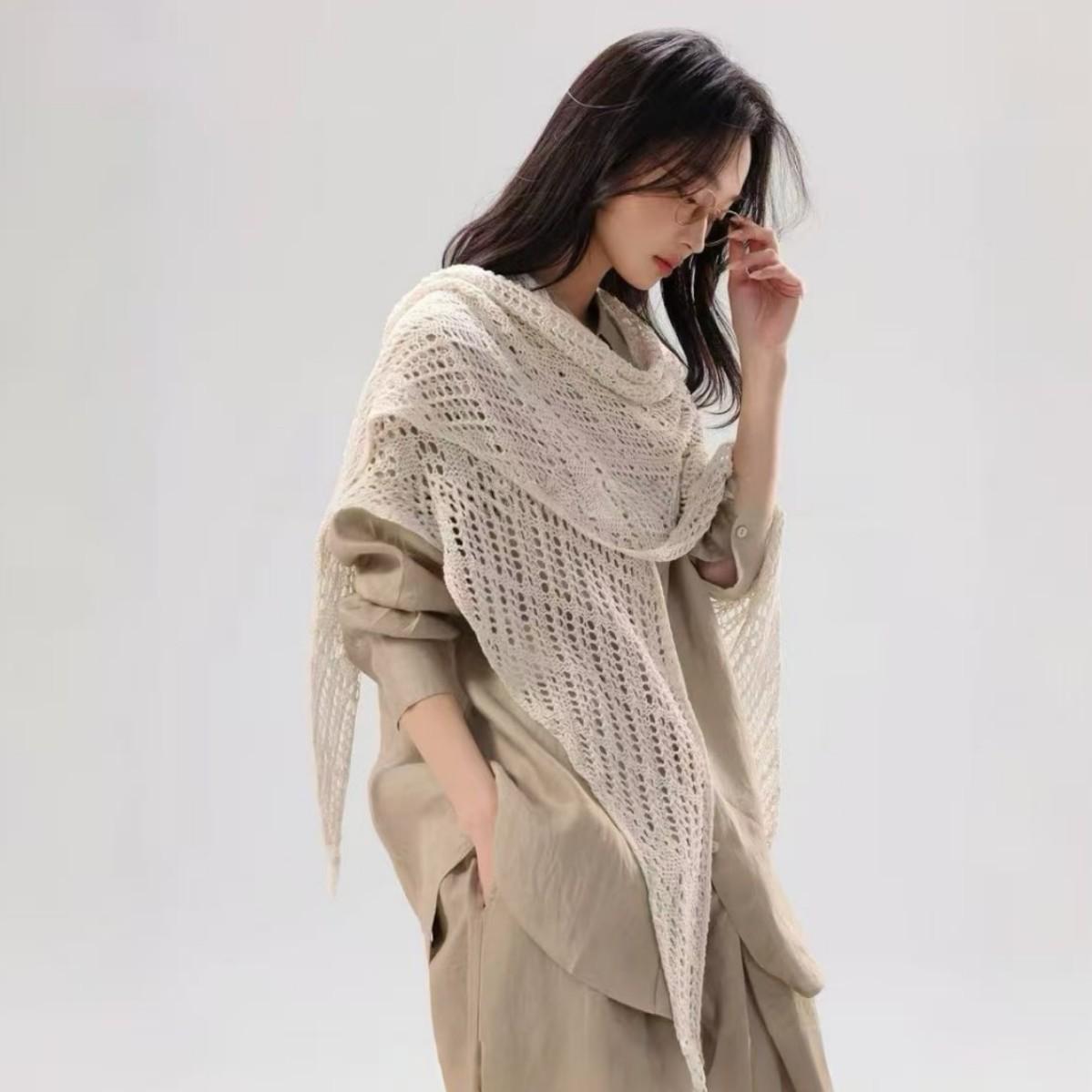 Elegant Tencel Linen Hollow-Out Triangle Shawl - Lightweight Oversized Wrap for Women