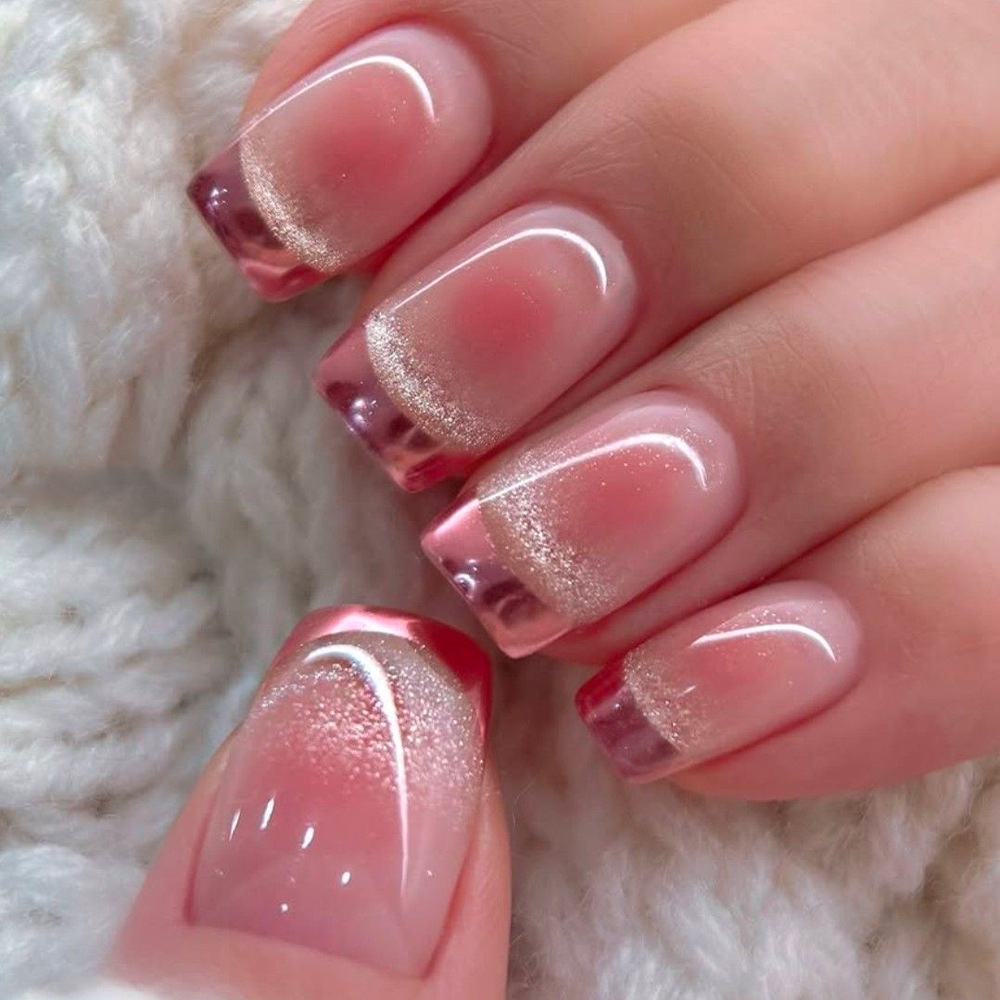 24pcs Pink French Cat-Eye Gradient Press-On Nails - Short Square Acrylic Fake Nail Kit with Glue & File