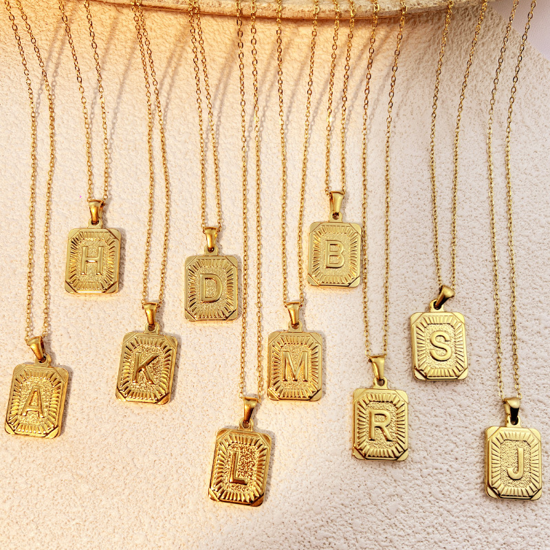 Personalized Vintage Square Initial Letter Pendant Necklace - Stainless Steel Unisex Chain
