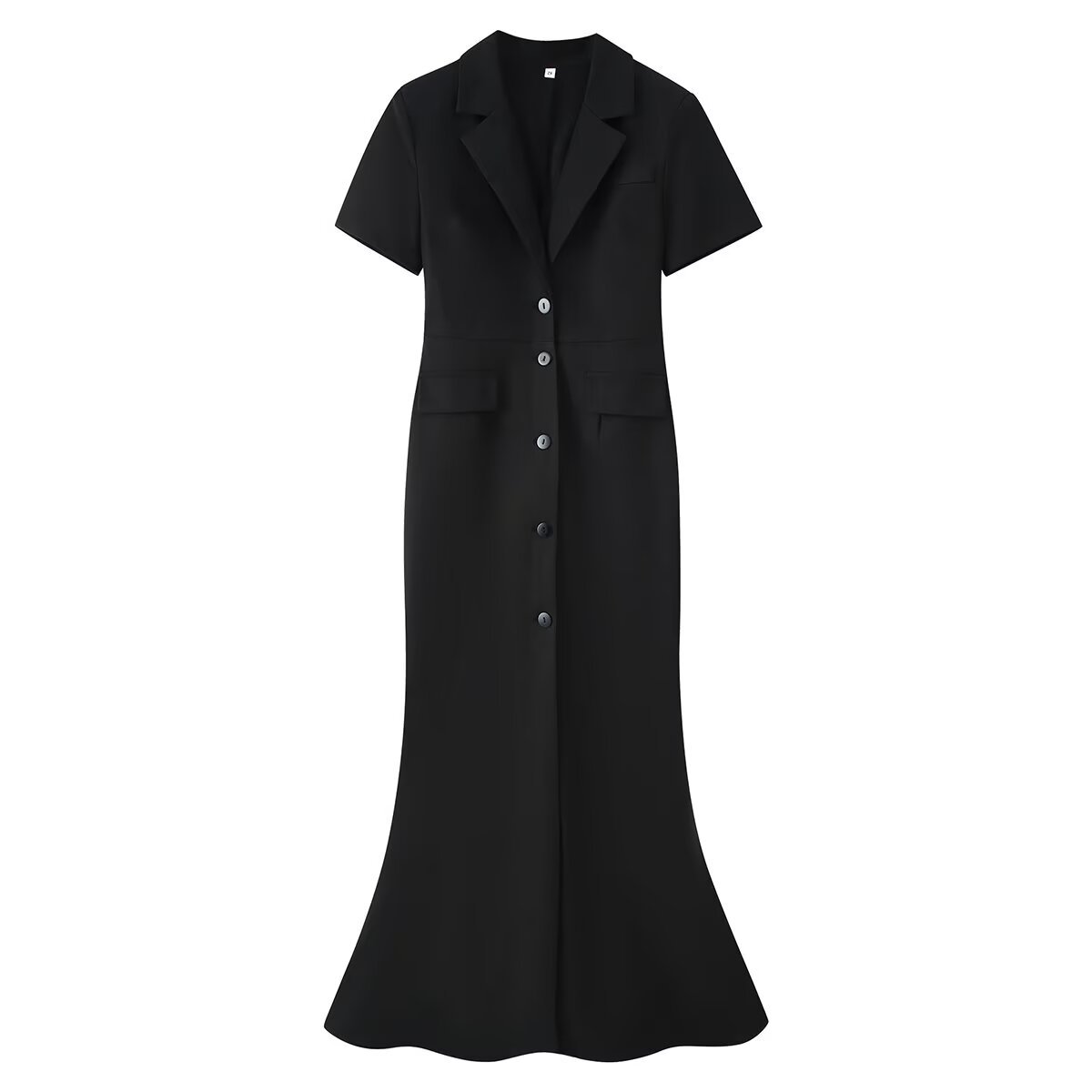 Elegant Black Lapel Fishtail Dress for Women - Slim Fit Short Sleeve Commuter Dress