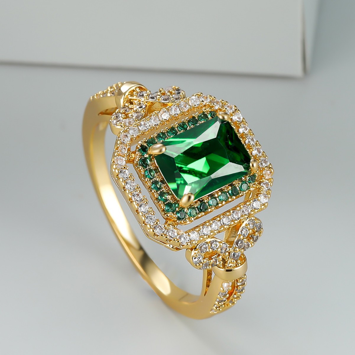 Vintage Square Emerald and Double-Row Lavish Diamond Statement Ring - Gold Geometric Band for Women