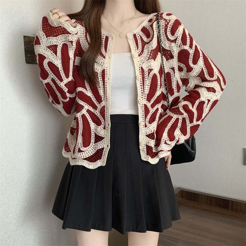 Chic Floral Hollow-Out Knitted Pullover Top - Loose Fit Long Sleeve Cardigan