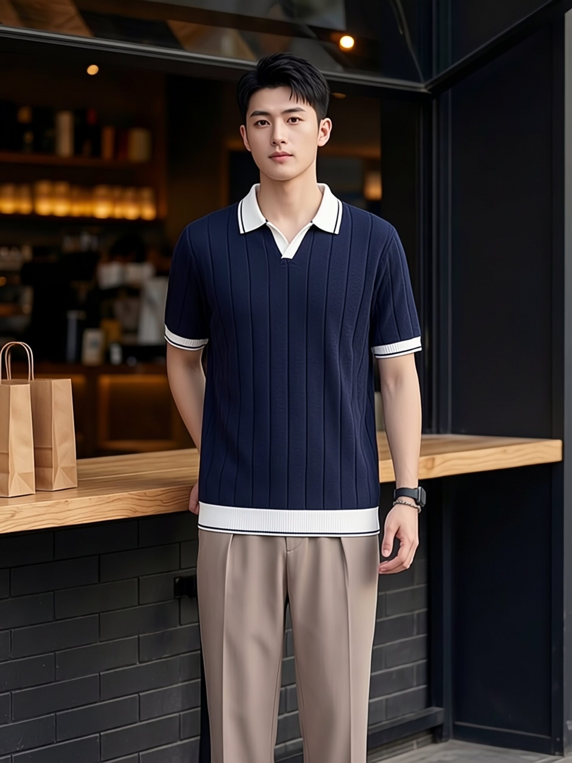 Men's Premium Ice Silk Knit Polo Shirt - Slim Fit Casual V-Neck Color-Block Tee