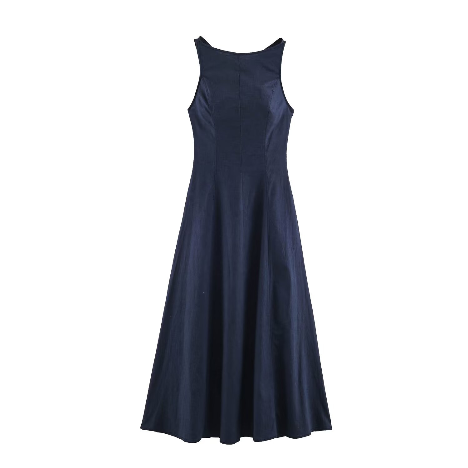 Women's Elegant Navy Blue Open-Back A-Line Dress - Slim Fit Sleeveless Summer Dress