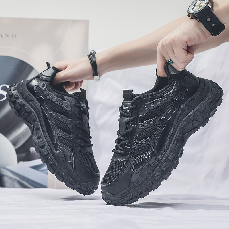 Men's Black Safety Work Sneakers | Breathable, Height-Boosting Trendy Dad Shoes with Anti-Slip Tire Sole
