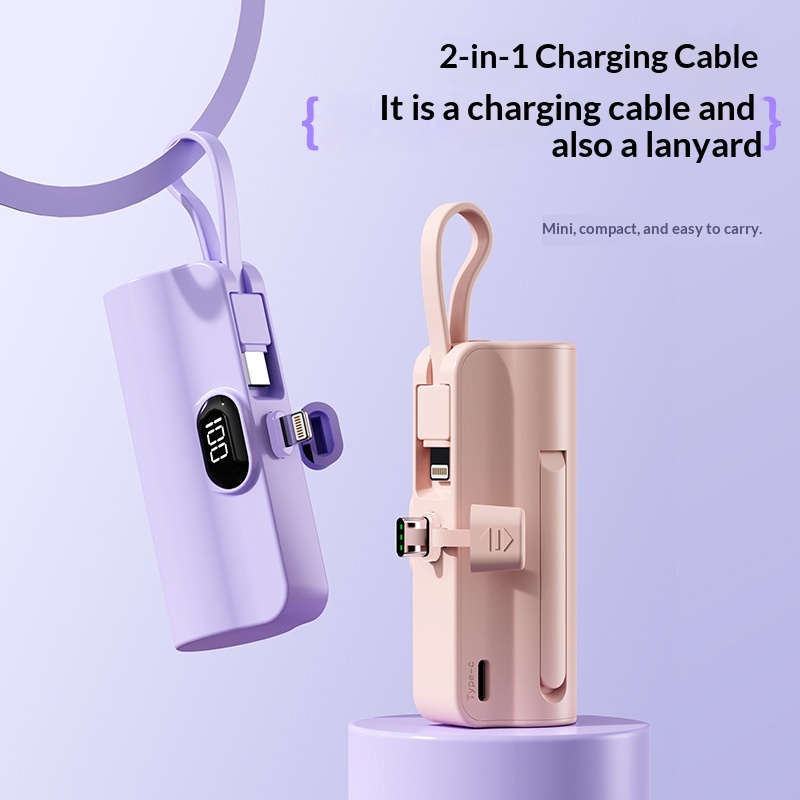 3-in-1 Portable Mini Capsule Power Bank with Built-in Cable & Foldable Stand