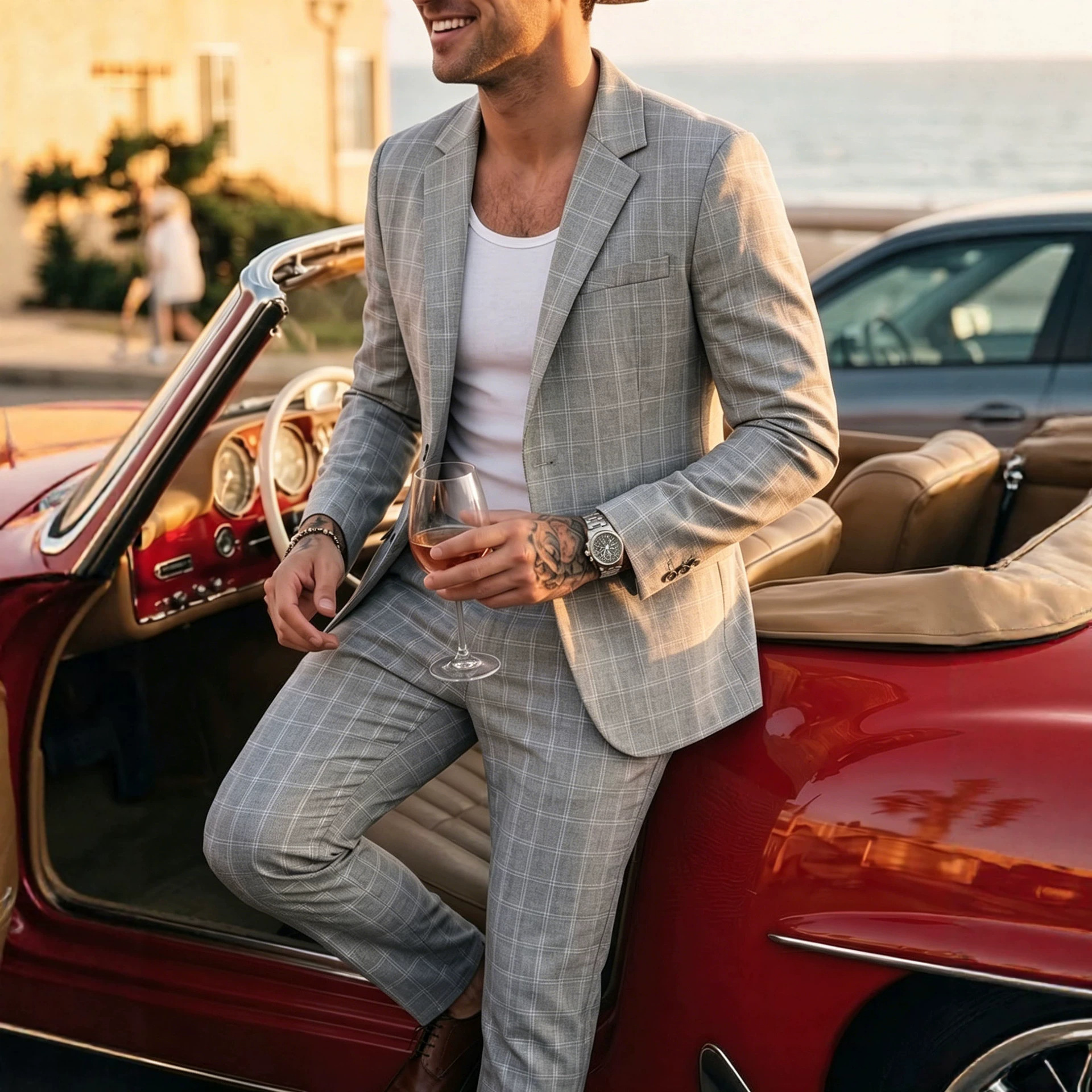 Men's Modern Plaid Light Business Suit Set - 2-Piece Classic Blazer & Trousers in Light Gray