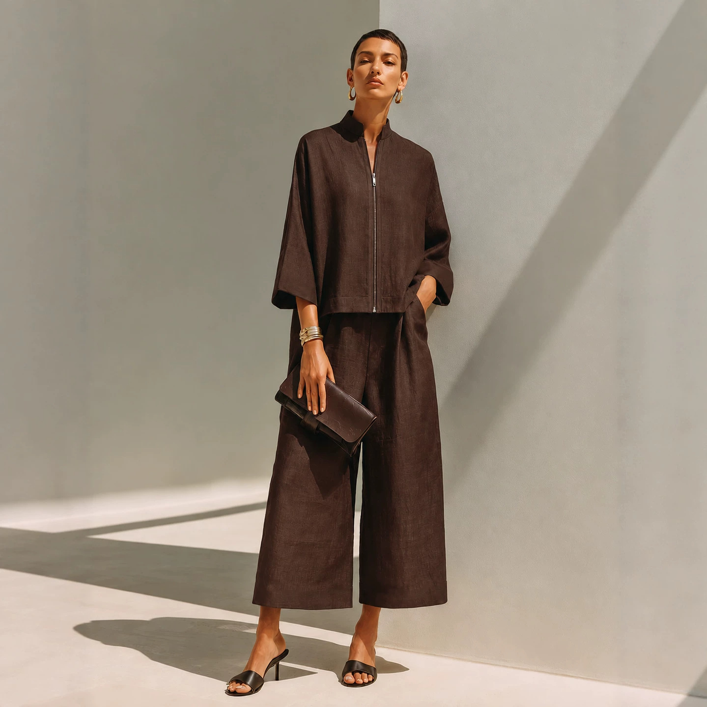 Stand-collar Zip-up Top And Loose Wide-leg Pants Set