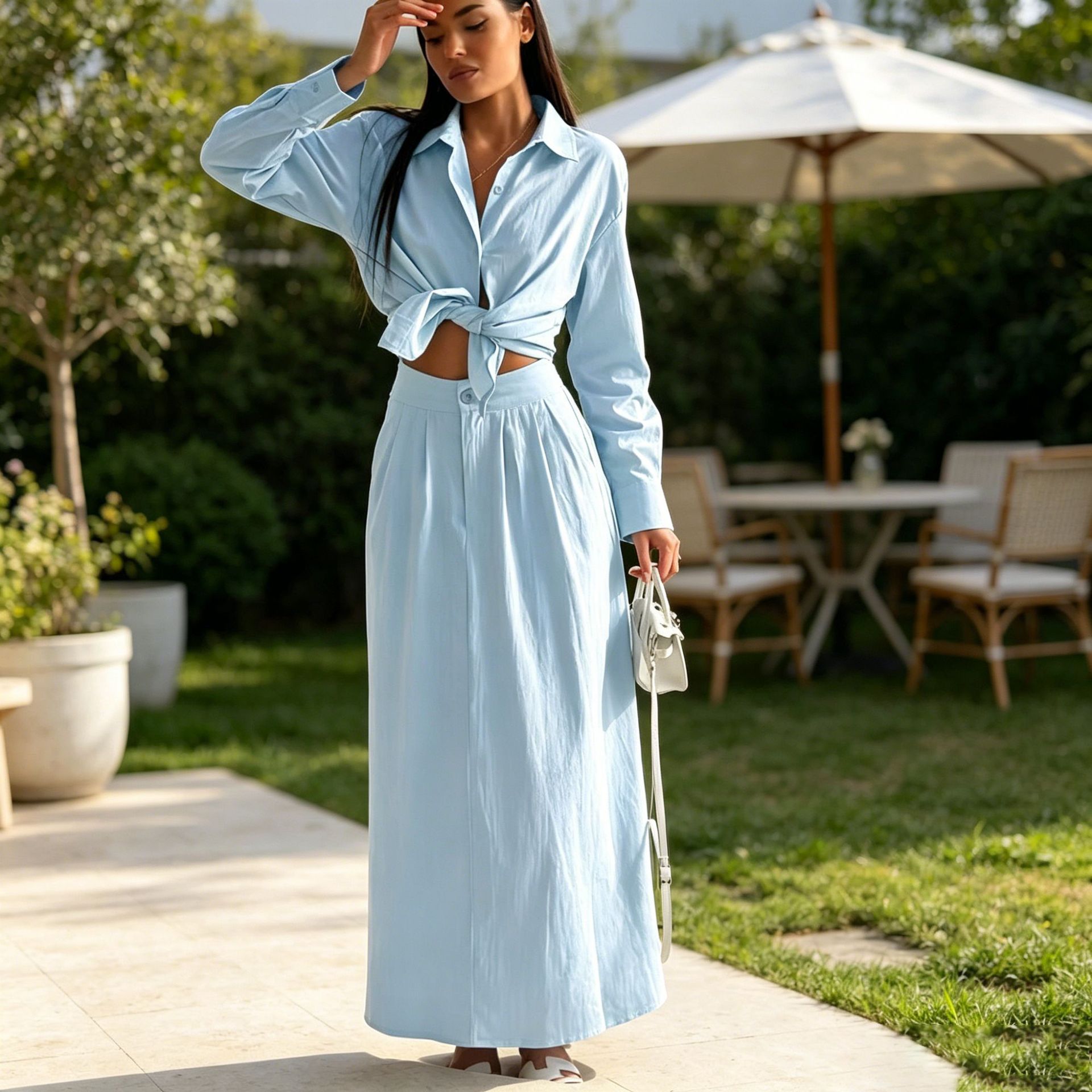 Elegant Women's Long-Sleeve Blouse and Maxi Skirt Co-ord Set - Chic Light Blue Two-Piece Outfit