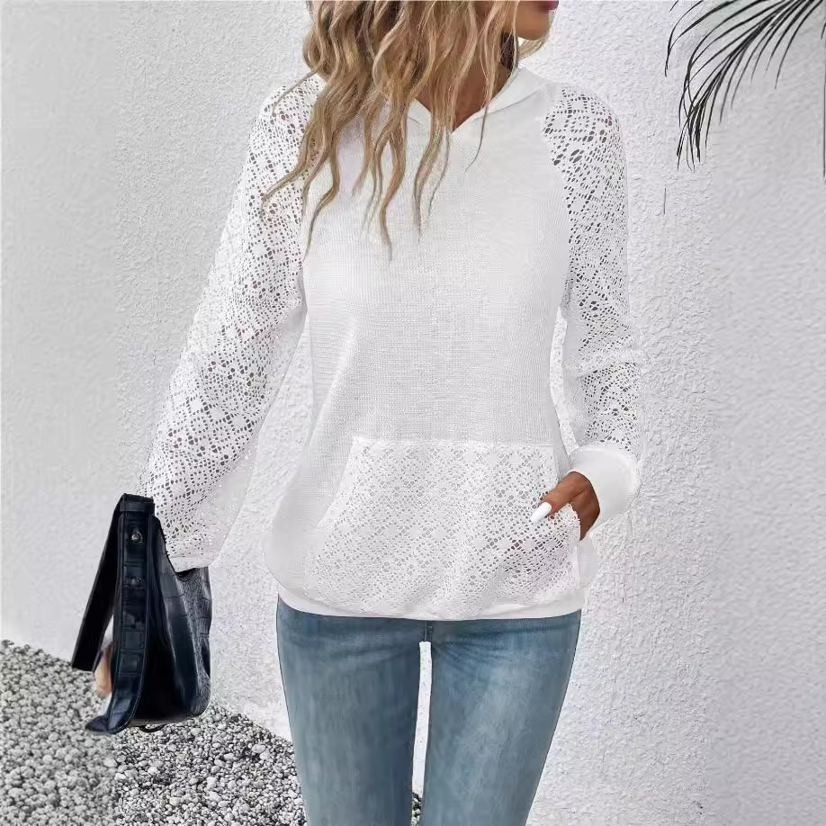 Women's Lace Waffle-Weave Casual Sweatshirt - Relaxed Fit Cozy Pullover