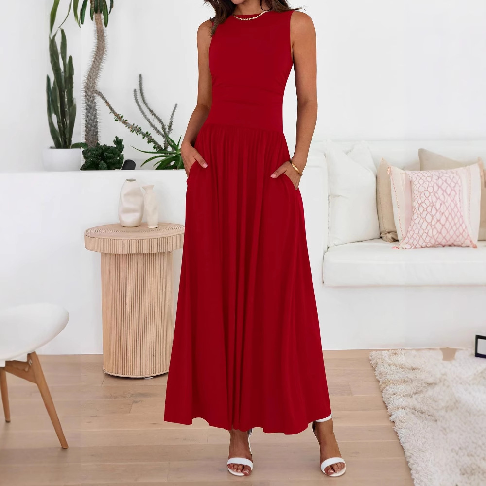 Elegant Women's Sleeveless Patchwork Maxi Dress with Pockets - Lightweight Foldable Long Dress