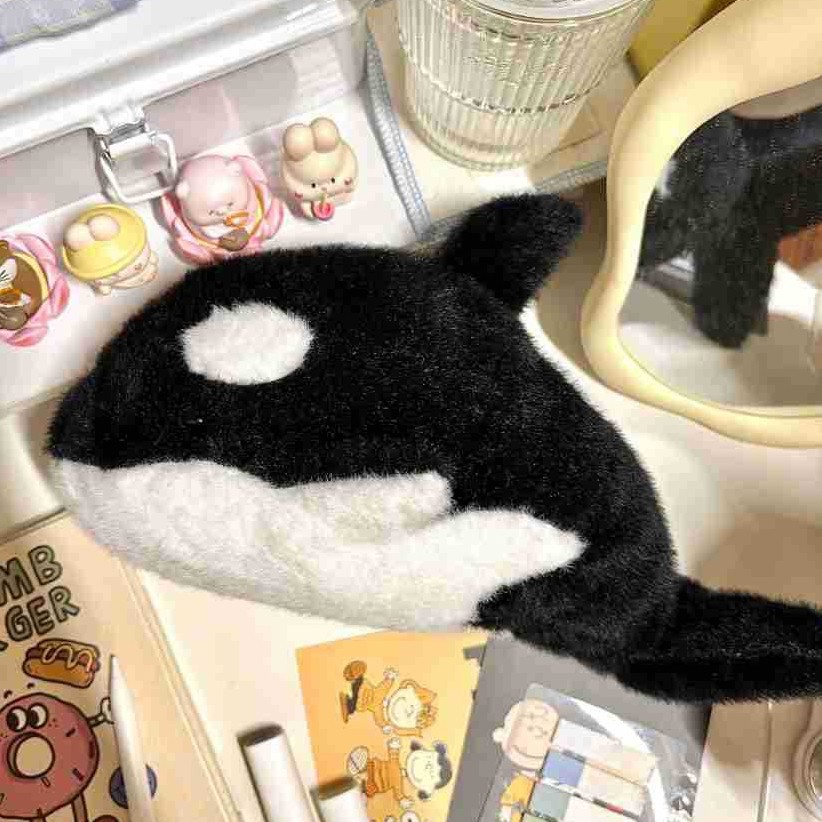 Cute Orca Plush Pencil Case - High-Capacity Ocean Animal Stationery Pouch for Students