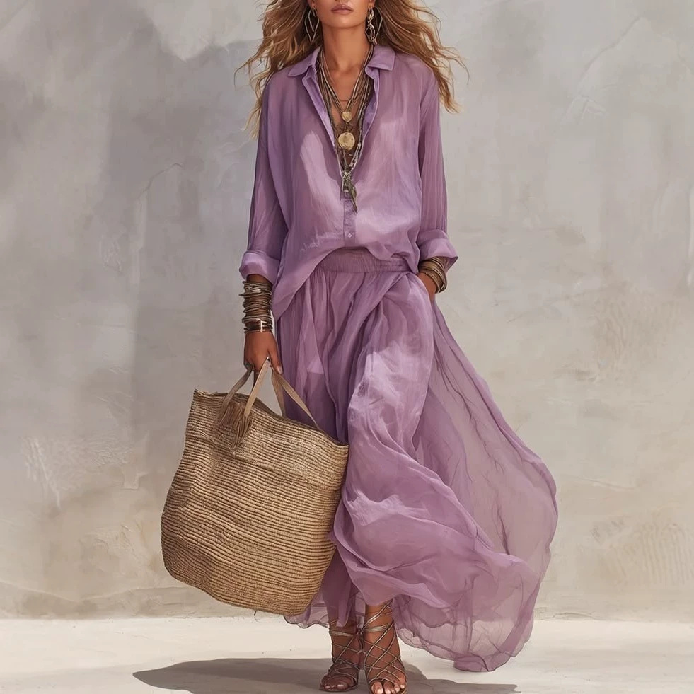 Elegant Chiffon Two-Piece Skirt Set | Loose Lapel Blouse & Maxi Skirt