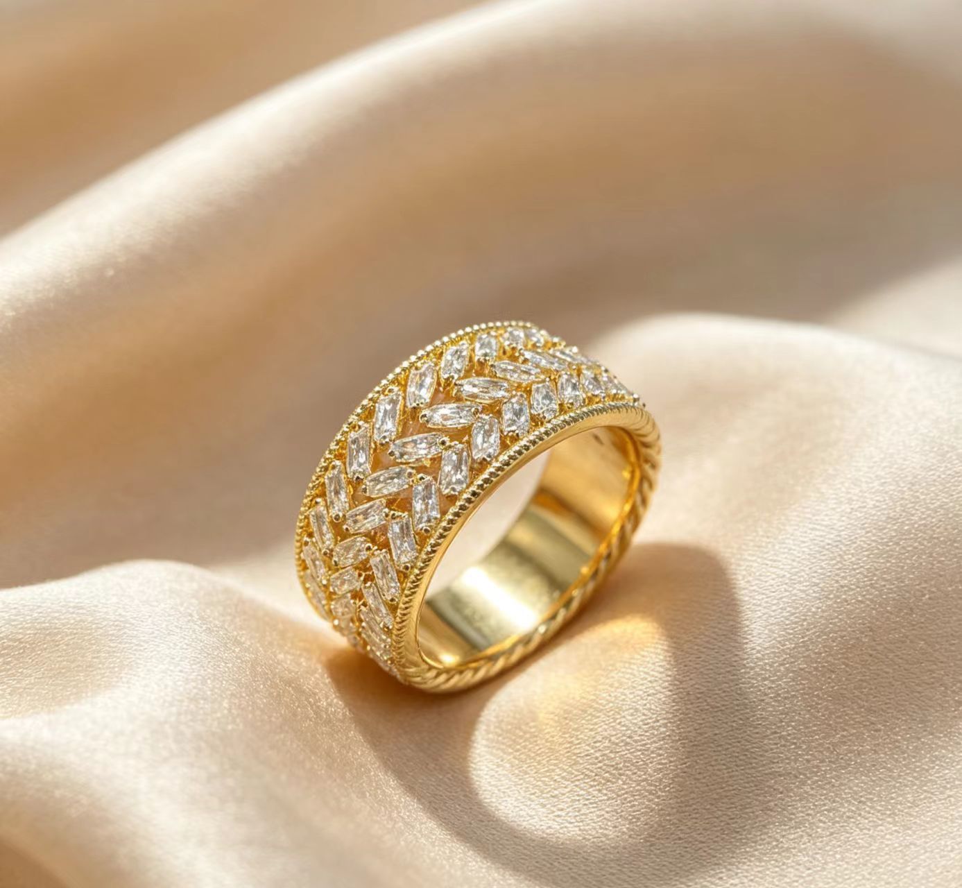 Luxury Fully Encrusted Sparkling Zircon Adjustable Open Ring - Elegant Gold Geometric Fashion Ring for Women