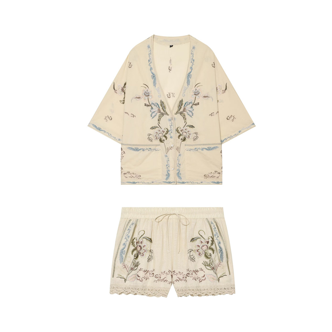 Chic Women's Embroidered Summer Set | Casual 3/4 Sleeve Shirt & Drawstring Shorts