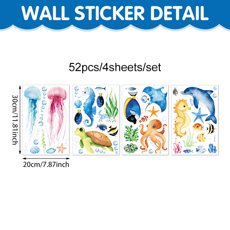 4-Pack Undersea World Cartoon Dolphin Wall Decals - Self-Adhesive Ocean Animal Wall Stickers for Kids' Nursery and Bedroom Decor