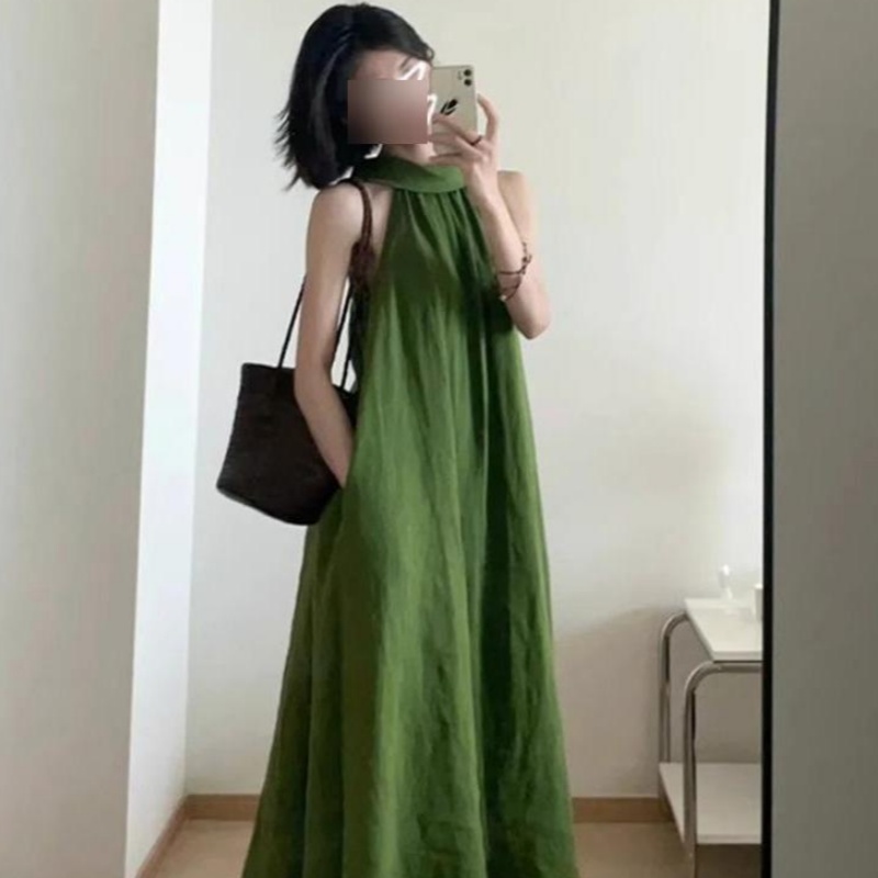 Elegant French-Style Vintage Green Halter Dress - Silk-Touch Sleeveless Maxi Dress for Women