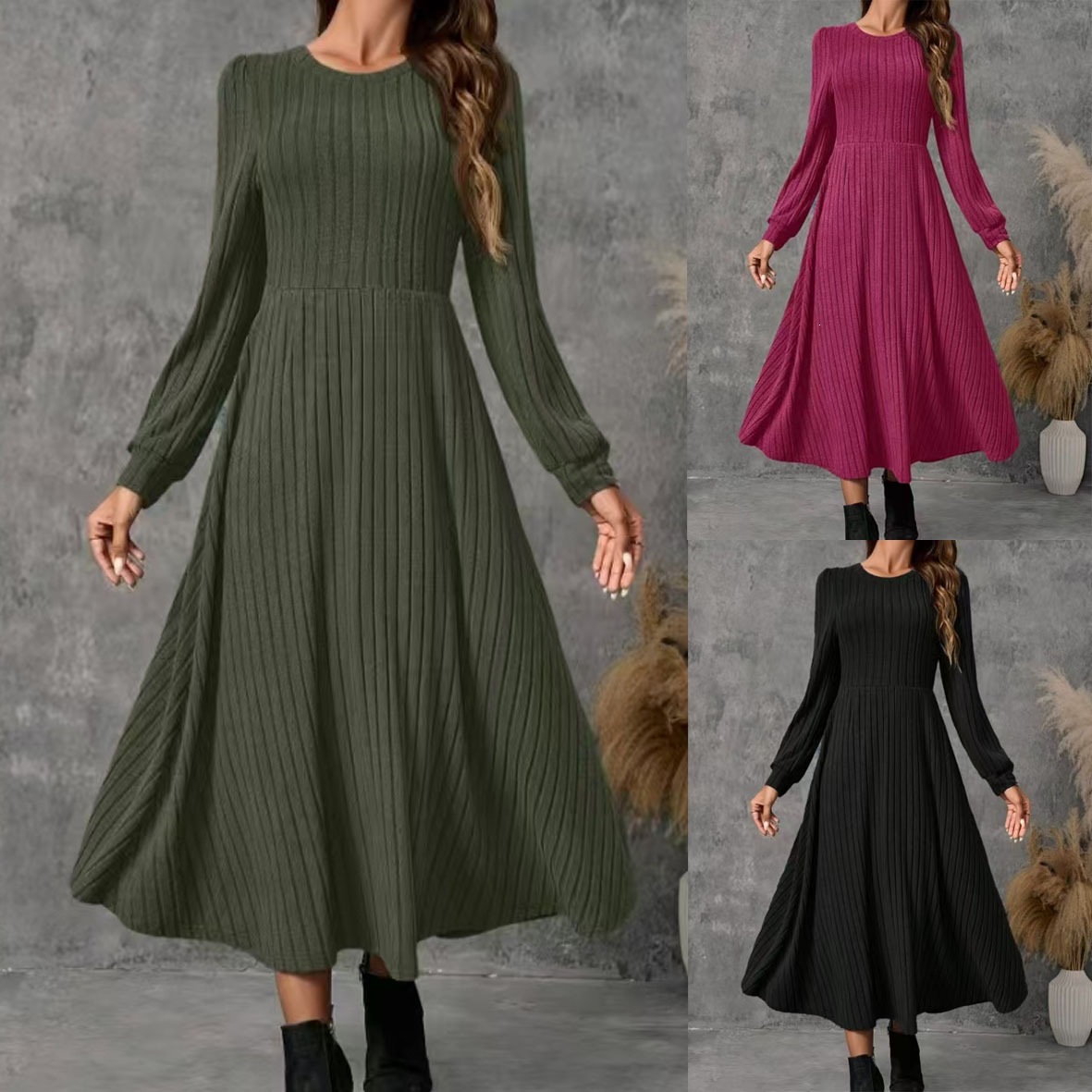 Elegant Women's A-Line Knitted Dress - Slim Fit Long Sleeve Midi Dress