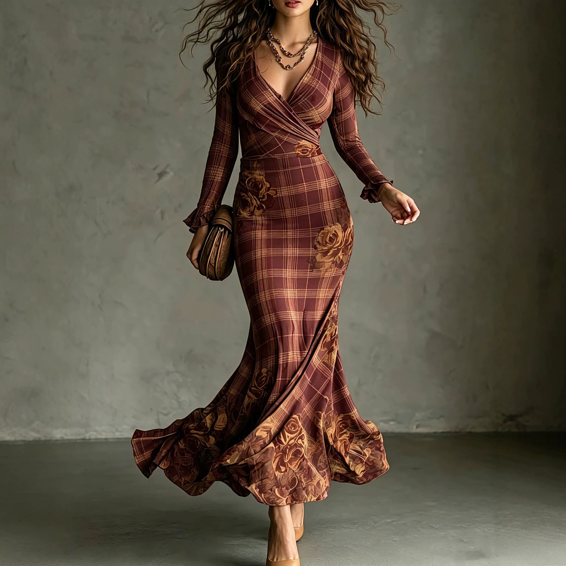 Elegant Rose Print Deep V-Neck Maxi Dress | Long Sleeve Cross-Strap Gown