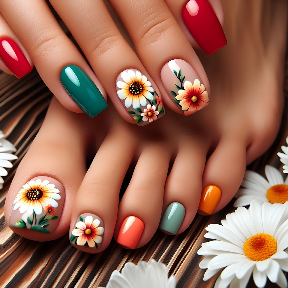 24pcs Short Square Press-On Nails - Vibrant Orange & Blue Sunflower Acrylic Nails Kit with Jelly Glue & Nail File