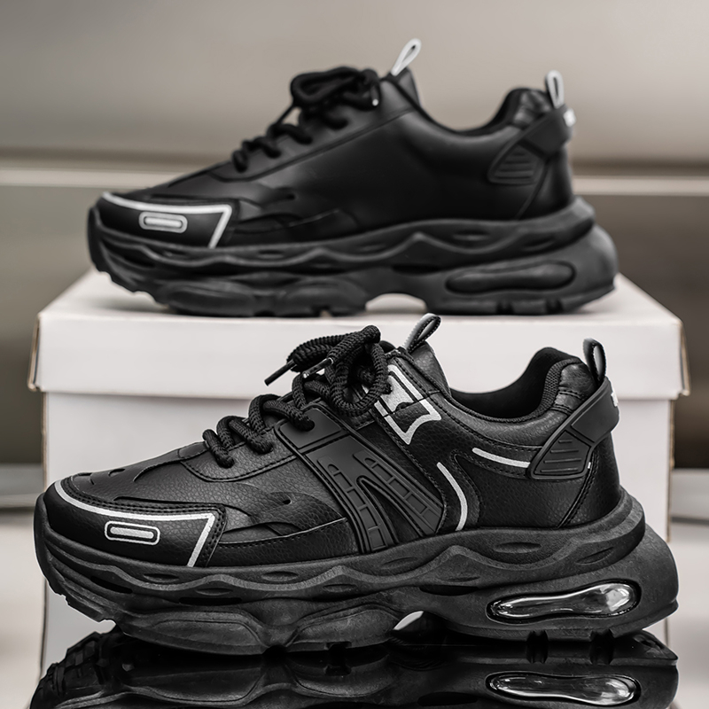 Men's Breathable Height-Boosting Sneakers | Trendy Black Thick-Sole Dad Shoes