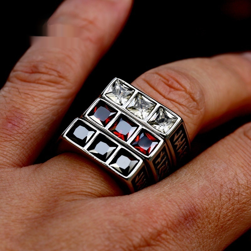 Men's Stainless Steel Viking Rune Gemstone Ring - Retro Norse Mythology Statement Band
