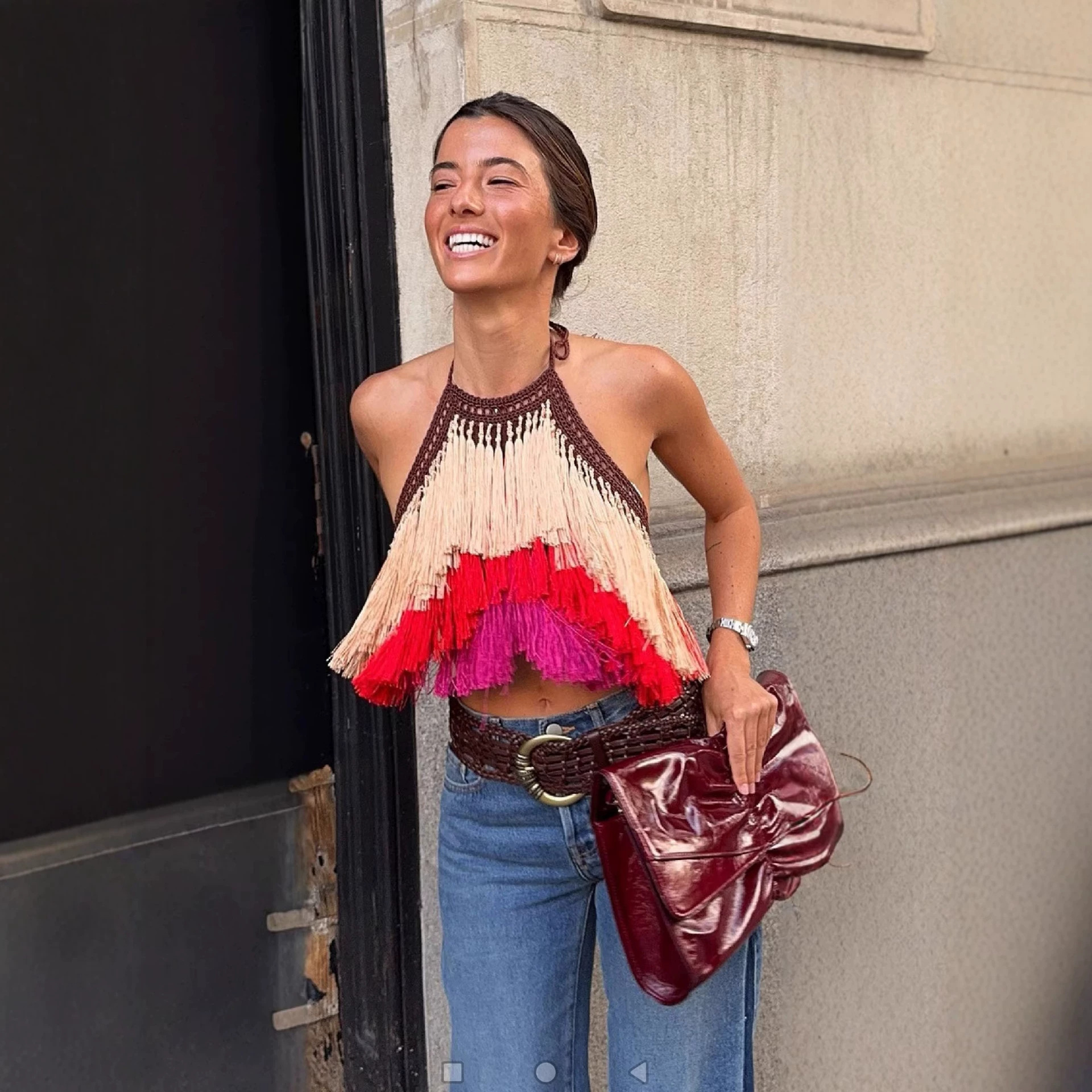 Elegant Red Tassel Crop Top - Chic Slim-Fit Double Strap Camisole for Women