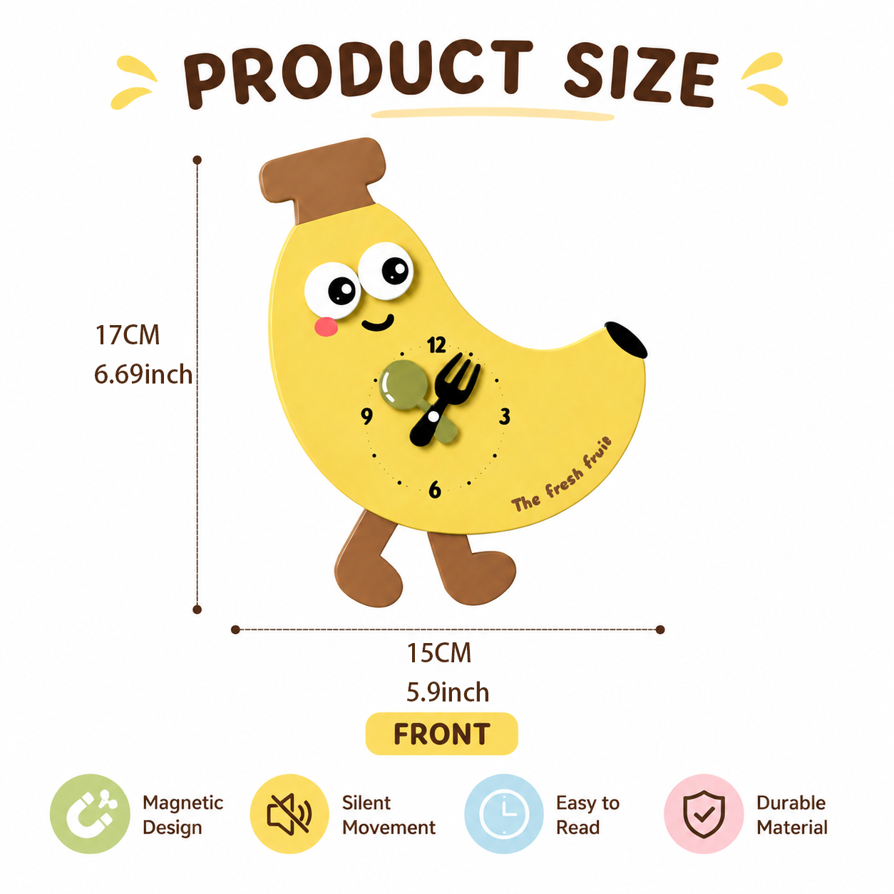 Cute Banana Magnetic Fridge Clock - Silent Non-Ticking Decorative Kitchen Magnet Clock