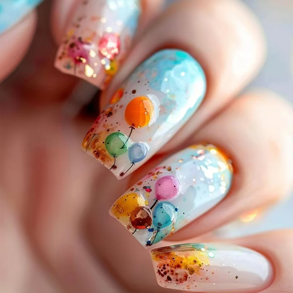 24Pcs Long Coffin Press-On Nails - 3D Balloon Art & Gradient Ombre Acrylic False Nail Kit with Jelly Glue & Nail File